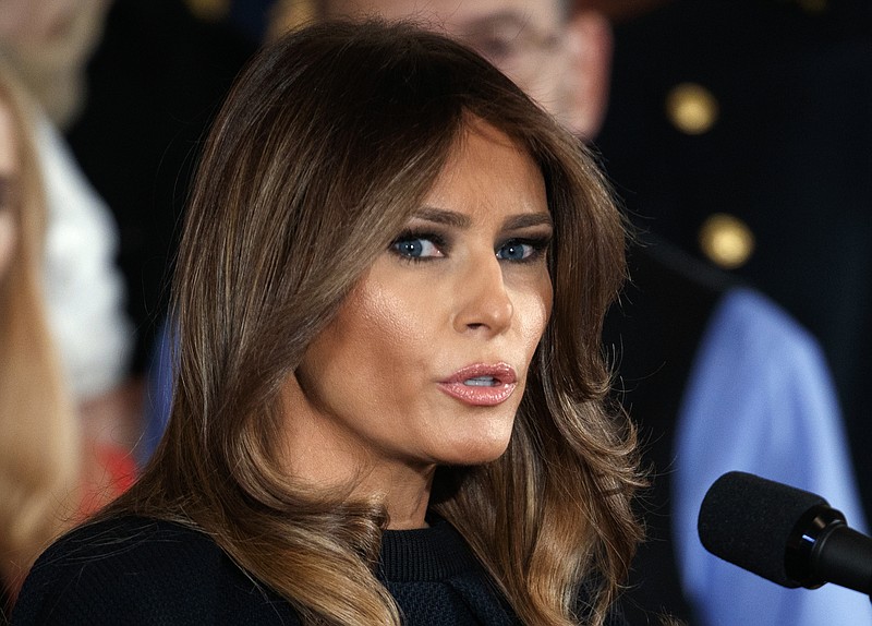 
              FILE - In this Oct. 26, 2017 file photo, First lady Melania Trump speaks during an event in the East Room of the White House in Washington. Melania Trump is set to accept the official White House Christmas tree on Monday.   (AP Photo/Evan Vucci)
            