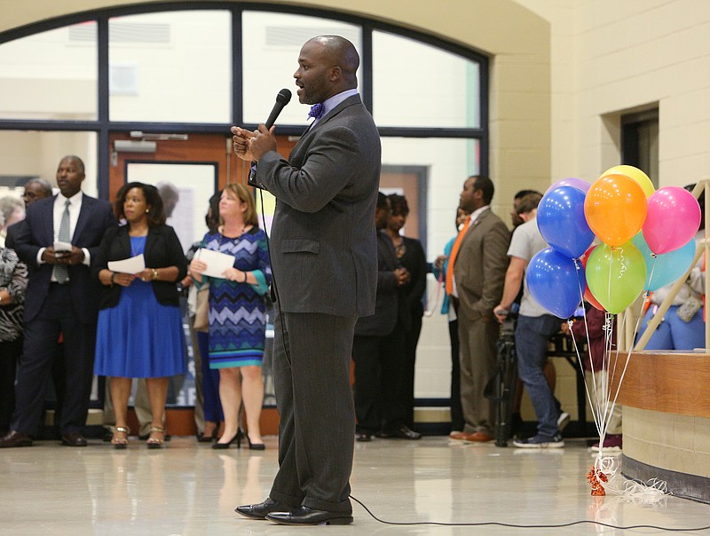 Hamilton County Schools Superintendent Bryan Johnson speaks during a celebration event Tuesday, Oct. 17, 2017, at Orchard Knob Elementary School in Chattanooga, Tenn. The event was held to kick off the Opportunity Zone initiative. 