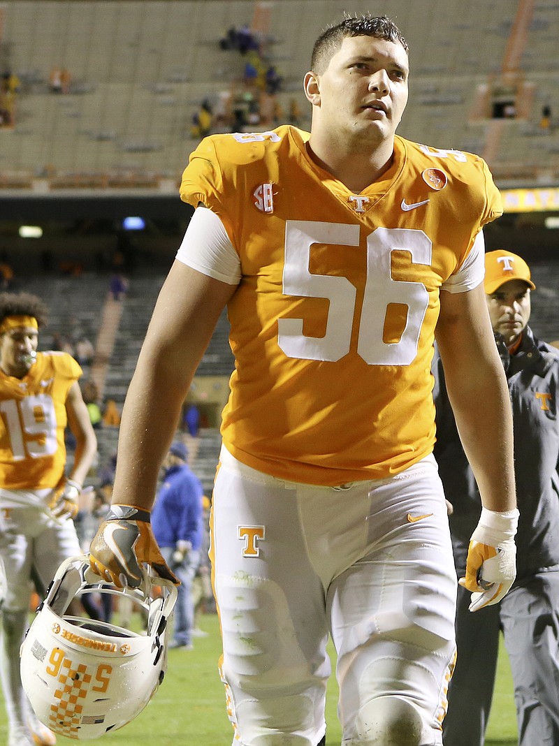 Tennessee offensive lineman Riley Locklear (56) makes his way off the field after failing to LSU 30-10 during an NCAA football game at Neyland Stadium on Saturday, Nov. 18, 2017 in Knoxville, Tenn.