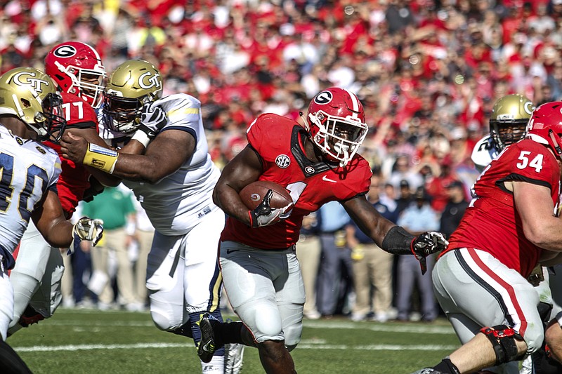 Georgia running back Sony Michel rushed 19 times for 170 yards and a touchdown last November against Georgia Tech, but the Bulldogs lost a 27-14 lead in the fourth quarter as the Yellow Jackets prevailed 28-27.