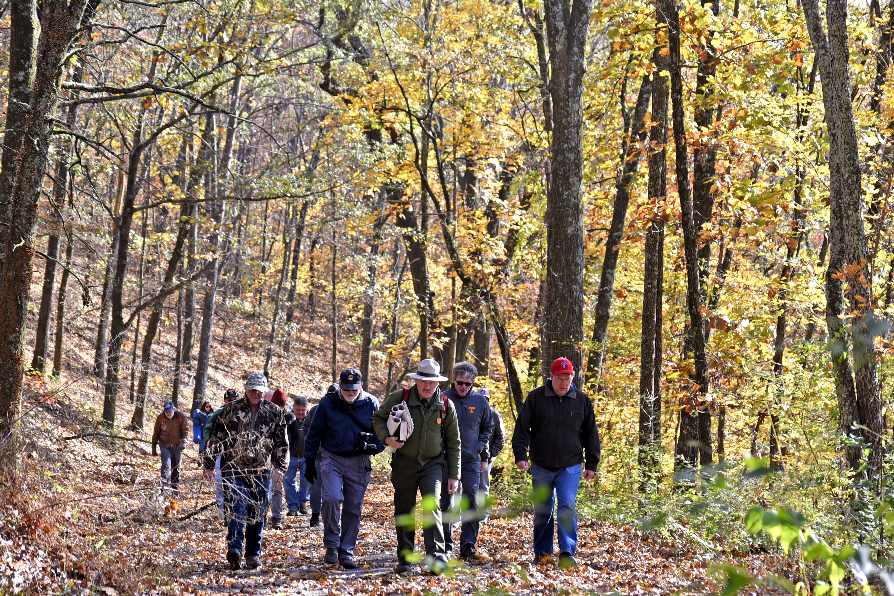 Chickamauga & Chattanooga National Military Park staff historian Jim Ogden leads a 2-hour walk detailing the Battle of Missionary Ridge at Sherman's Reservation on November 19, 2017. The battle which occurred on November 25, 1863 was the last in three days of fighting in which the Union Army gained full control of the city. The park service plans events this week to commemorate the 154th anniversary of the struggle.