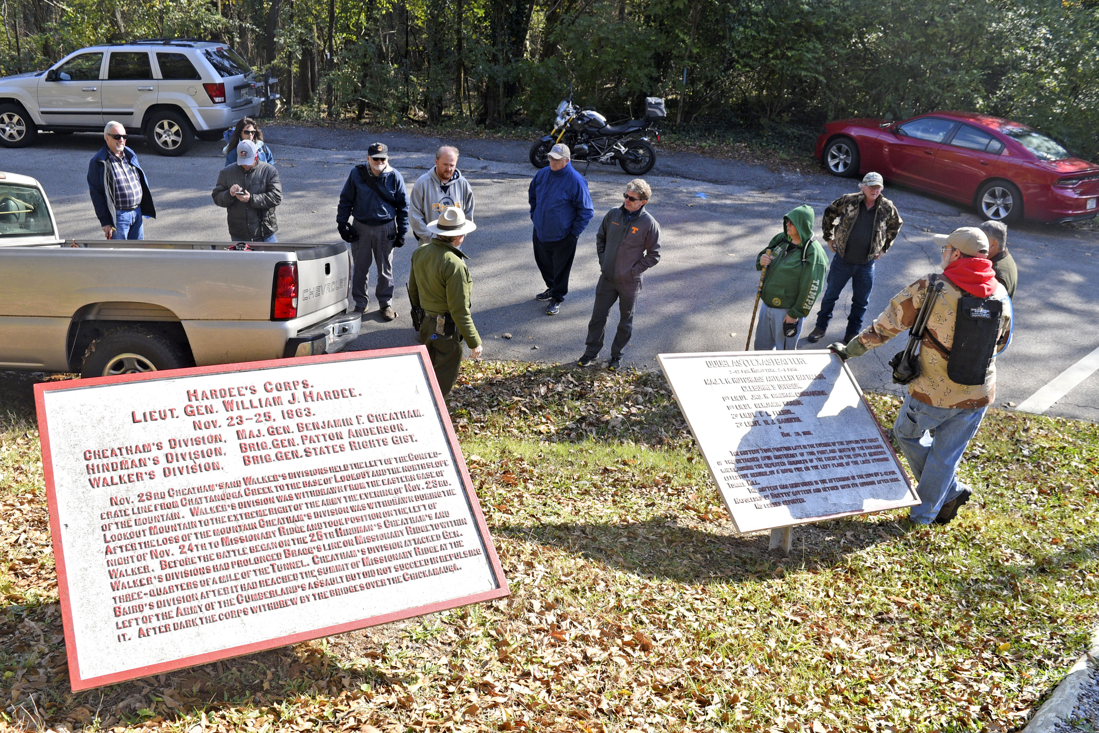 Chickamauga & Chattanooga National Military Park staff historian Jim Ogden leads a 2-hour walk detailing the Battle of Missionary Ridge at Sherman's Reservation on November 19, 2017. The battle which occurred on November 25, 1863 was the last in three days of fighting in which the Union Army gained full control of the city. The park service plans events this week to commemorate the 154th anniversary of the struggle.