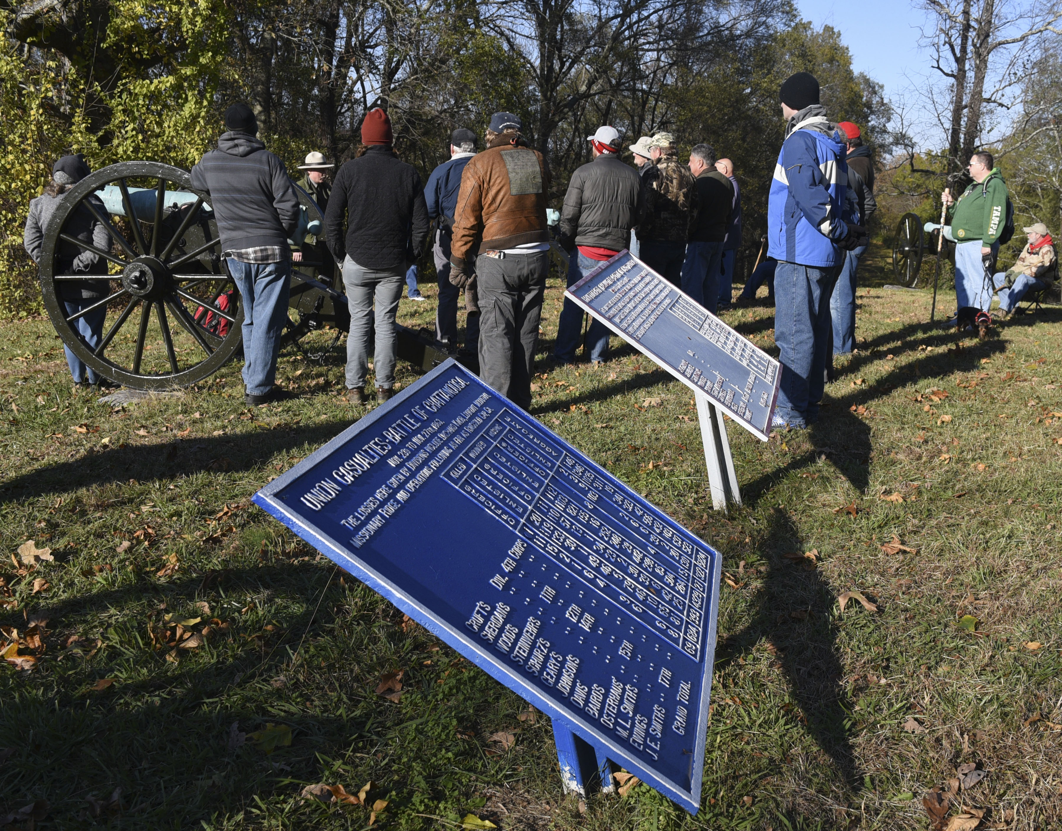 Chickamauga & Chattanooga National Military Park staff historian Jim Ogden leads a 2-hour walk detailing the Battle of Missionary Ridge at Sherman's Reservation on November 19, 2017. The battle which occurred on November 25, 1863 was the last in three days of fighting in which the Union Army gained full control of the city. The park service plans events this week to commemorate the 154th anniversary of the struggle.