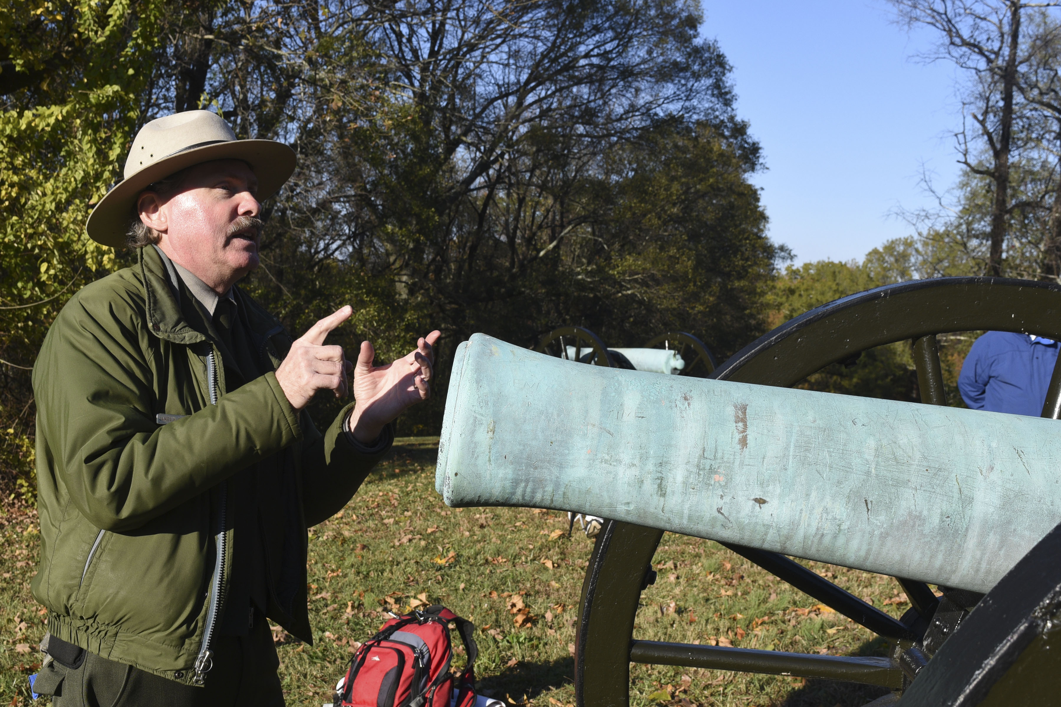 Chickamauga & Chattanooga National Military Park staff historian Jim Ogden talks about the types of artillery ammunition used during the Battle of Missionary Ridge at Sherman's Reservation on November 19, 2017. The battle which occurred on November 25, 1863 was the last in three days of fighting in which the Union Army gained full control of the city. The park service plans events this week to commemorate the 154th anniversary of the struggle.