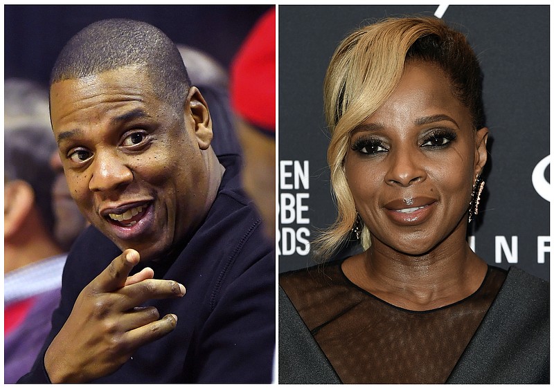 
              This combination photo shows rapper Jay-Z appears at a NBA basketball game between the Los Angeles Clippers and the Golden State Warriors in Los Angeles on Dec. 7, 2016, left, and Mary J Blige attends the HFPA and InStyle Celebrate the 2018 Golden Globe Awards Season in West Hollywood, Calif., on Nov. 15, 2017.  Blige and Jay-Z are the most-nominated artists with five each at the upcoming NAACP Image Awards. The winners will be announced during a two-hour show on Jan. 15 hosted by Anthony Anderson of “black-ish” and broadcast live on the TV One network. (AP Photo/File)
            