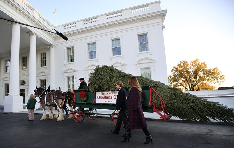 First lady Melania Trump and her son Barron Trump, look at the Wisconsin-grown Christmas Tree at the North Portico of the White House in Washington, Monday, Nov. 20, 2017. The tree will be displayed in the White House Blue Room. (AP Photo/Manuel Balce Ceneta)