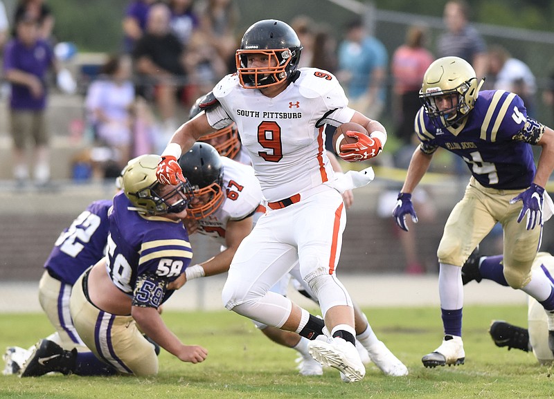 South Pittsburg's Garrett Raulston breaks a long run.  The Sequatchie Valley Football Jamboree was held at Sequatchie Valley High School In Dunlap on August 11, 2017.