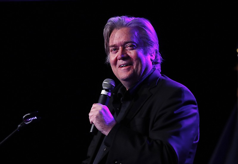 In this Nov. 8, 2017, file photo, Steve Bannon, the former chief strategist to President Donald Trump, speaks at the Macomb County Republican Party dinner in Warren, Mich. As Bannon drafts his team of challengers to the old guard, the new guard is increasingly aligned not by ideology, but by their history of support for the president. Republicans who have criticized the president's more controversial statements, or have been slow to embrace him, are out. (AP Photo/Paul Sancya)