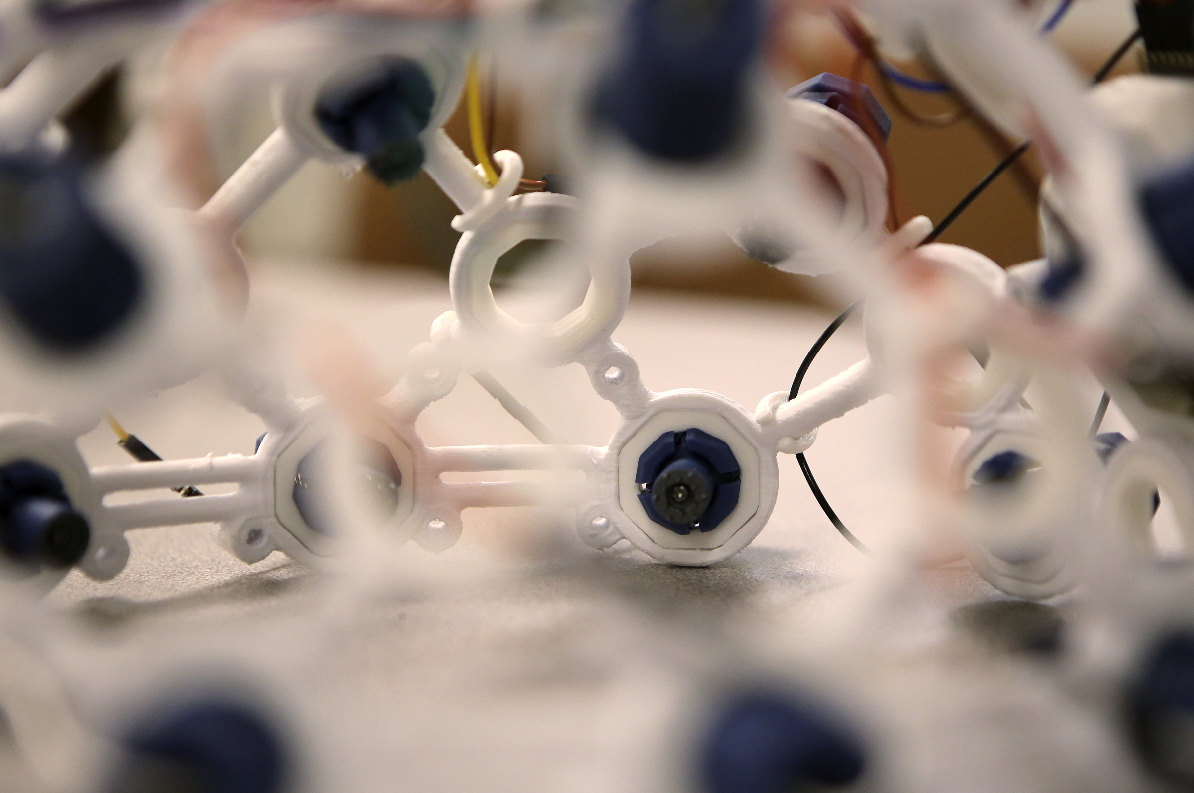 The headset used to control a drone is seen in the SimCenter on the campus of the University of Tennessee at Chattanooga on Tuesday, Nov. 21, 2017 in Chattanooga, Tenn. Sixteen sensors, reading different parts of the brain, detect electrical impulses in the user to trigger commands for the drone.