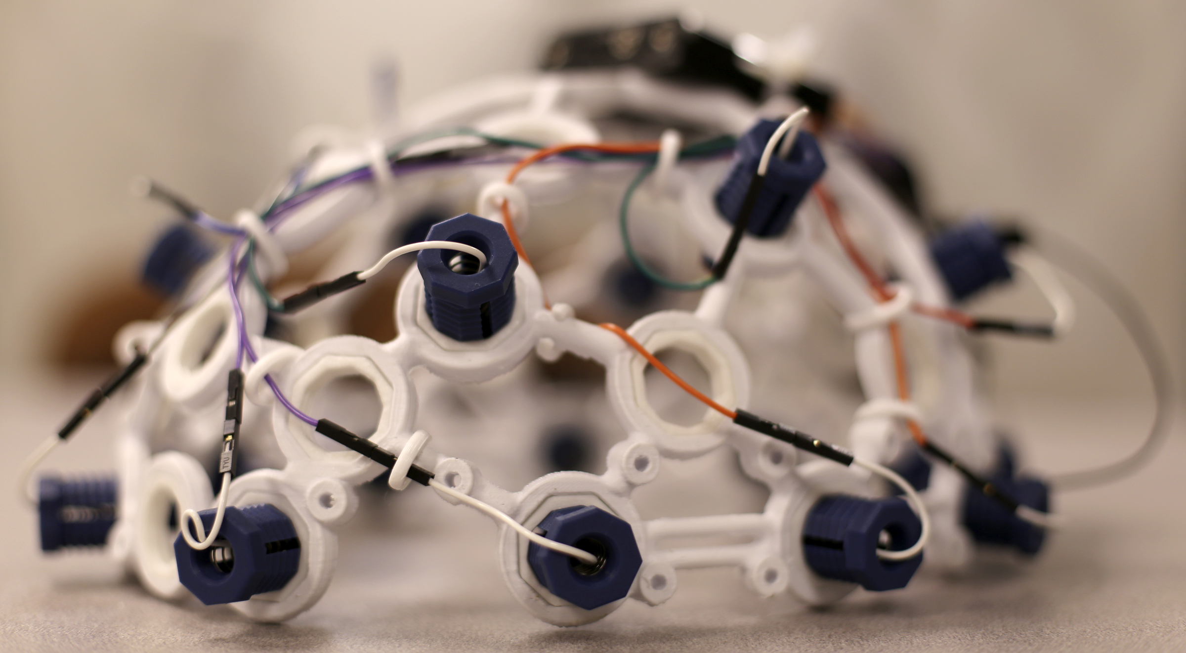 The headset used to control a drone is seen in the SimCenter on the campus of the University of Tennessee at Chattanooga on Tuesday, Nov. 21, 2017 in Chattanooga, Tenn. Sixteen sensors, reading different parts of the brain, detect electrical impulses in the user to trigger commands for the drone.