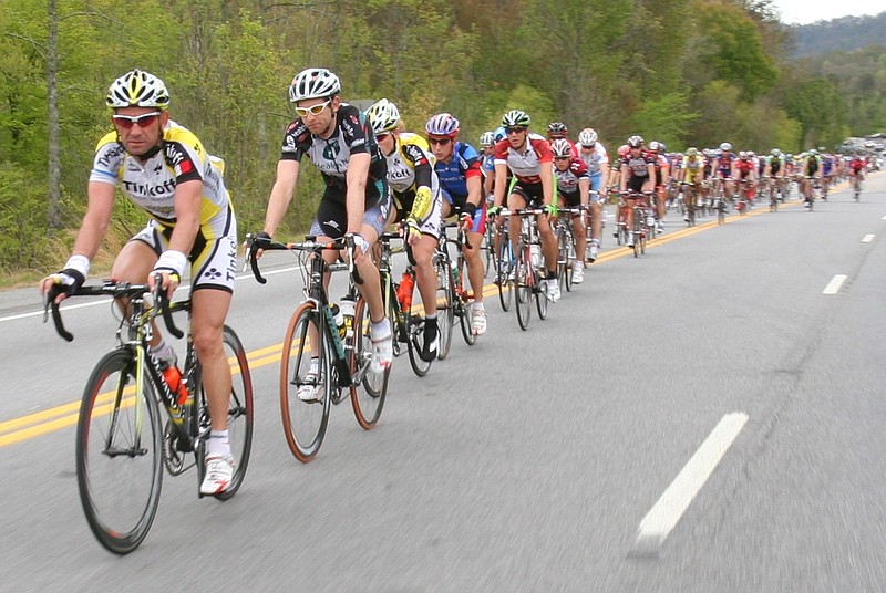 Riders draft each other while riding amongst the peloton before climbing Lookout mountain in stage 3 of the 2007 Tour De Georgia. Photo by Dan Henry - The Chattanooga Times Free Press. 