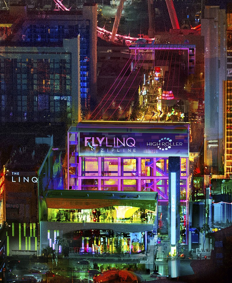 This undated rendering provided by Caesars Entertainment depicts a 1,050-foot-long zip-line that the casino operator will build above its outdoor promenade that's anchored by the Linq hotel-casino in Las Vegas. Set to open in 2018, the attraction will join the city's entertainment repertoire geared toward millennials. (Contour Entertainment, Inc./Caesars Entertainment via AP)