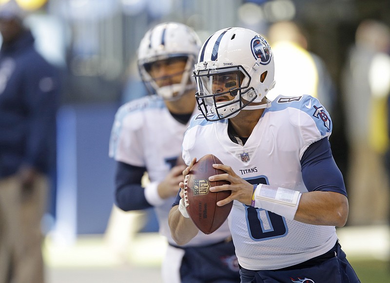 Tennessee Titans quarterback Marcus Mariota warms up before an NFL football game against the Indianapolis Colts, Sunday, Nov. 26, 2017, in Indianapolis. (AP Photo/AJ Mast)