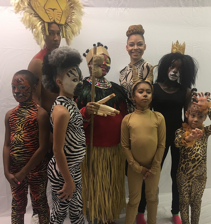 The performers will be costumed with full face paint to resemble the animals they portray. On the front row, from left, are Victoria Collier, Emani Grant, Jayla Gladden and Jordyn Gladden. In back are Michael Terrell, Kamory Mayes, Aaliyah Collier and Taiyona Parks as Scar.