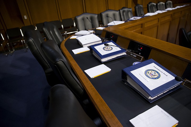 Amendment books for the Republican tax plan set up for a Senate Finance Committee meeting on Capitol Hill earlier this month. (Eric Thayer/The New York Times)