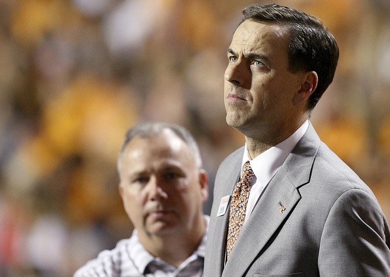 Tennessee athletic director John Currie is seen on the sideline during an NCAA football game between Tennessee and Southern Mississippi at Neyland Stadium on Saturday, Nov. 4, 2017, in Knoxville, Tenn.