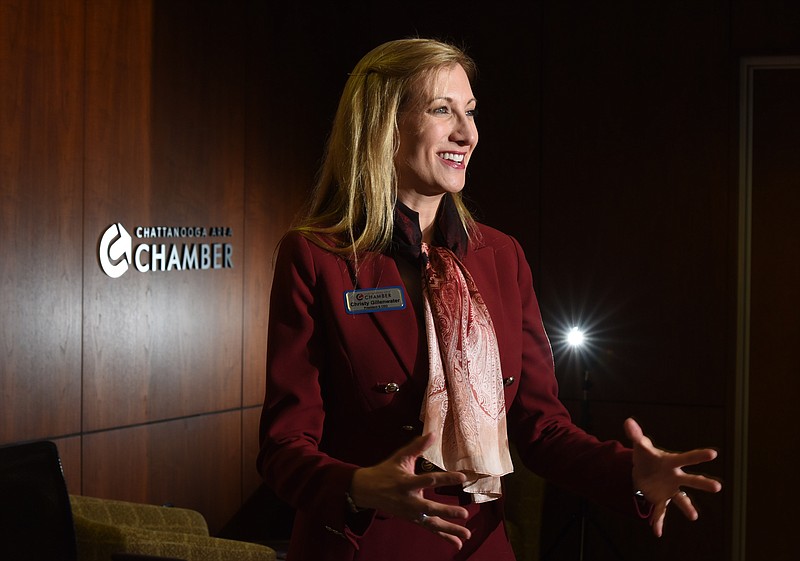 Chattanooga's new Chamber of Commerce CEO Christy Gillenwater answers questions from the media Wednesday on her first day on the job.