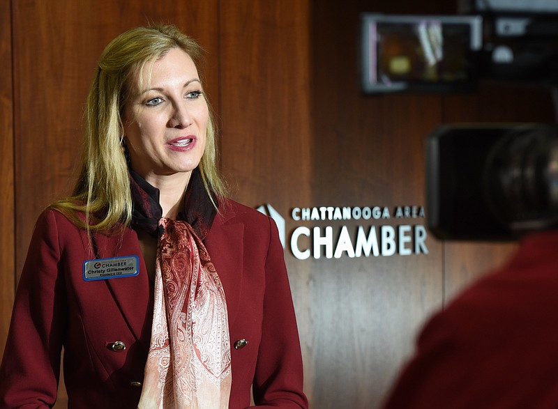 Chattanooga's new Chamber of Commerce CEO Christy Gillenwater answers questions from the media Wednesday on her first day on the job.