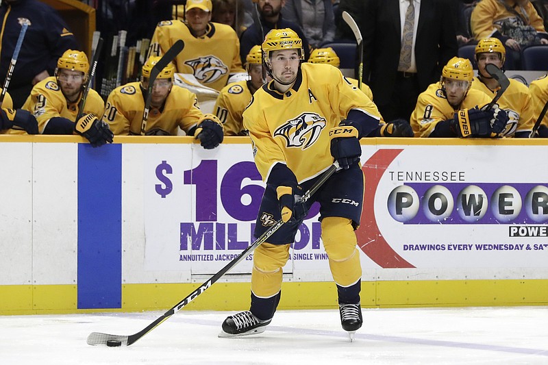 FILE - In this Tuesday, Nov. 28, 2017, file photo, Nashville Predators left wing Filip Forsberg, of Sweden, plays against the Chicago Blackhawks in the second period of an NHL hockey game in Nashville, Tenn.