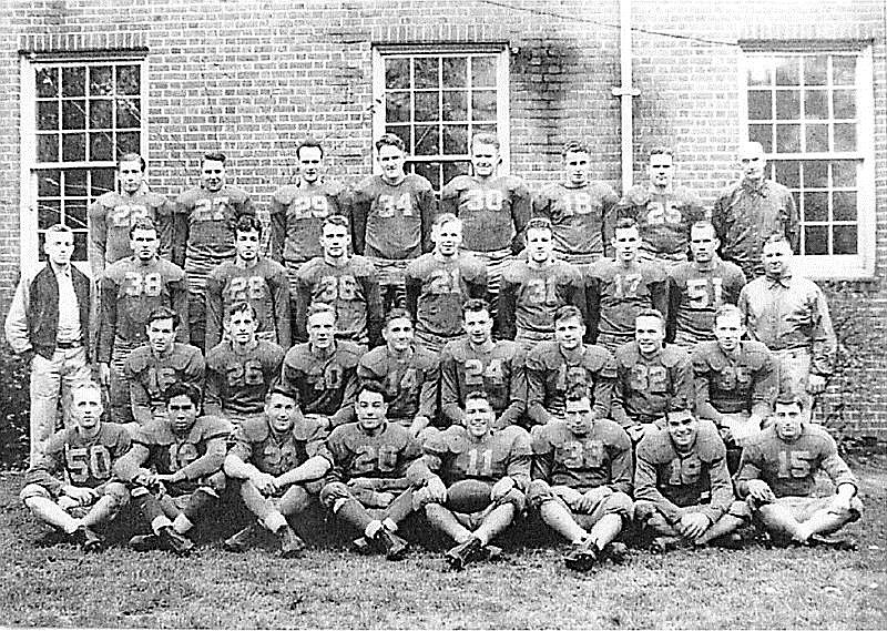 At left, members of Willamette University's football team pose for a team photo.