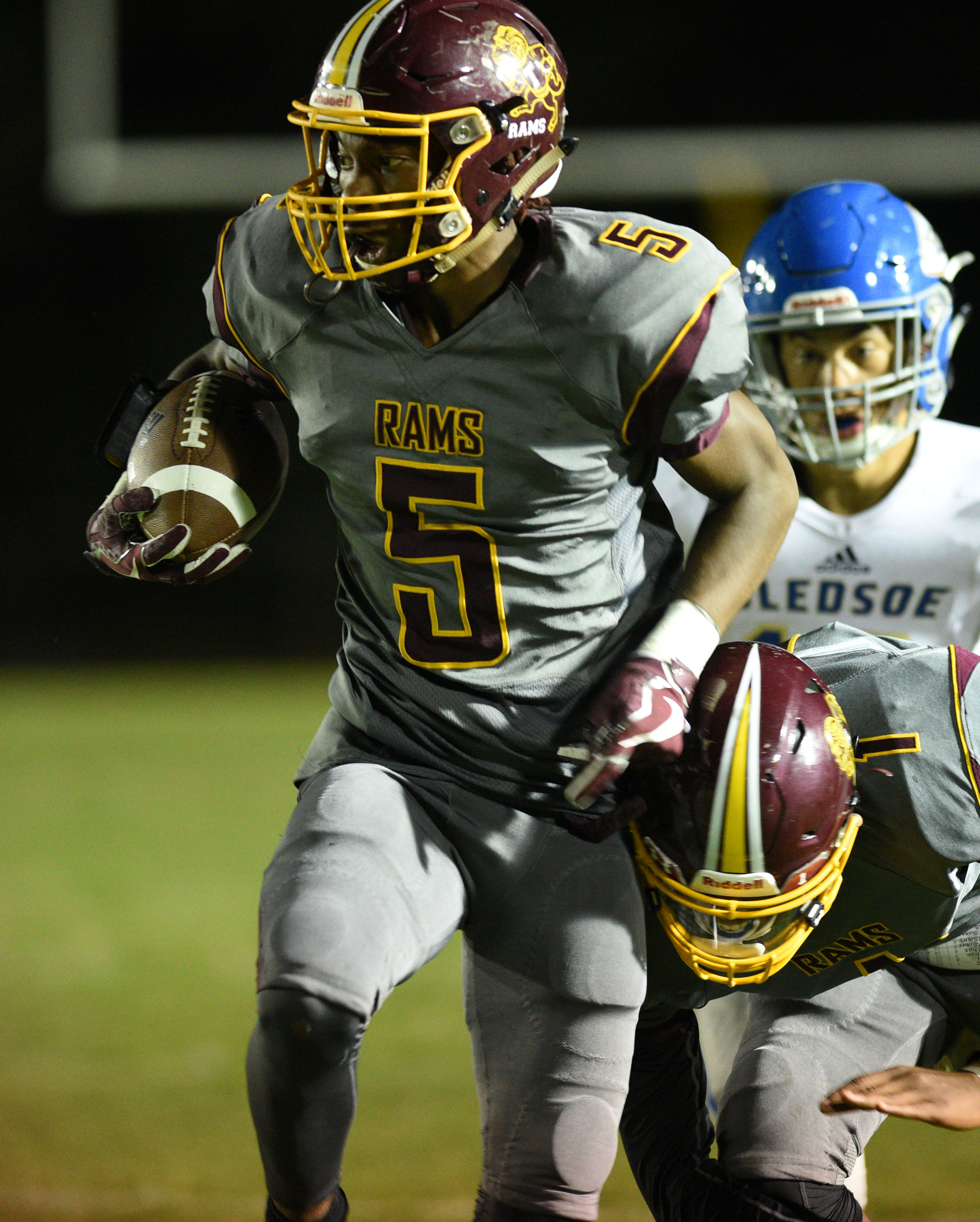 Tyner's Ke'un Webb (5) advances the ball after an interception. The Bledsoe County Warriors visited the Tyner Rams in TSSAA football action on September 29, 2017.