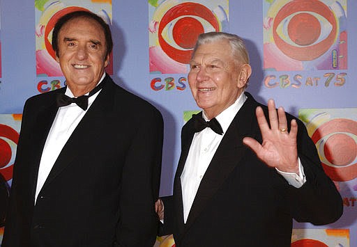 FILE - In this Nov. 2, 2003 file photo, Jim Nabors, left, and Andy Griffith, cast members from the series "The Andy Griffith Show," arrive to CBS's 75th anniversary celebration in New York. Nabors died peacefully at his home in Honolulu on Thursday, Nov. 30, 2017, with his husband Stan Cadwallader at his side. He was 87. (AP Photo/Louis Lanzano, File)
