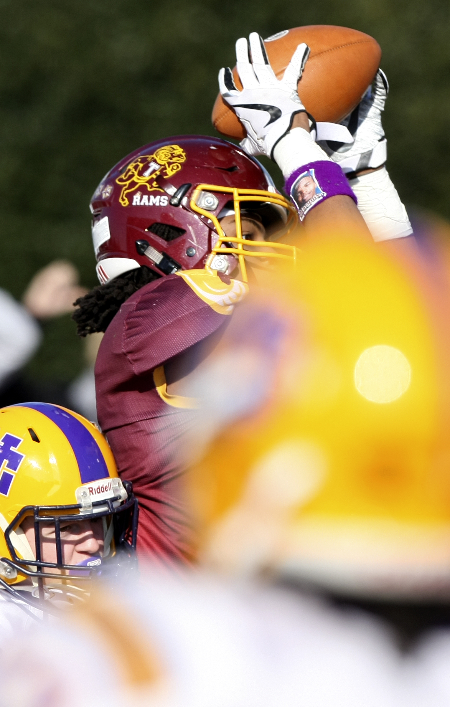 Tyner's Jeremiah Batiste (11) pulls in a pass for the game-tying 2-point conversion during the Class 2A BlueCross Bowl state championship against Union City at Tennessee Technological University's Tucker Stadium on Friday, Dec. 1, 2017 in Cookeville, Tenn.