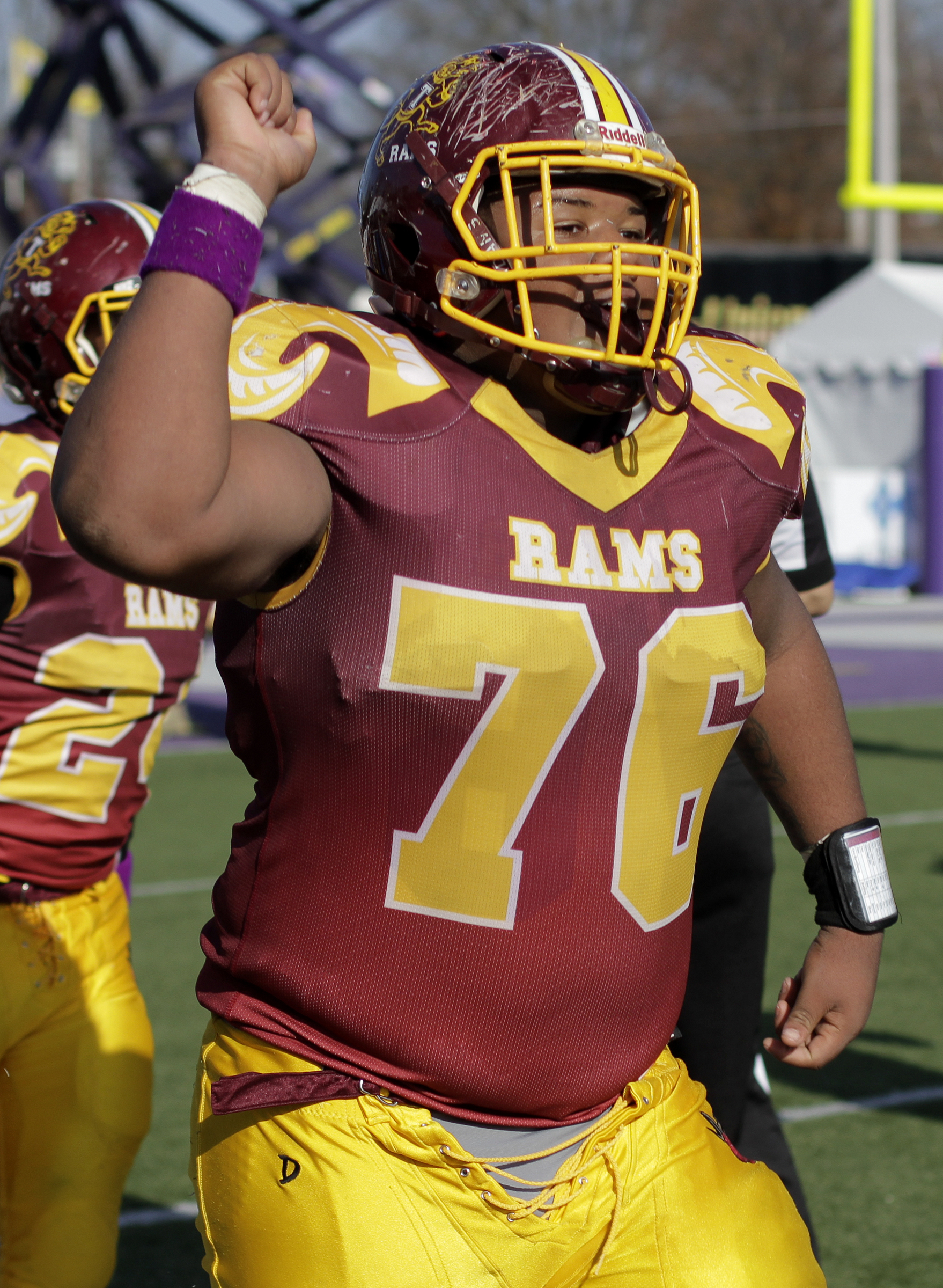 Tyner's Tracey Justice (76) celebrates after the Rams tied the game at 14 with Union City during the Class 2A BlueCross Bowl state championship at Tennessee Technological University's Tucker Stadium on Friday, Dec. 1, 2017 in Cookeville, Tenn.