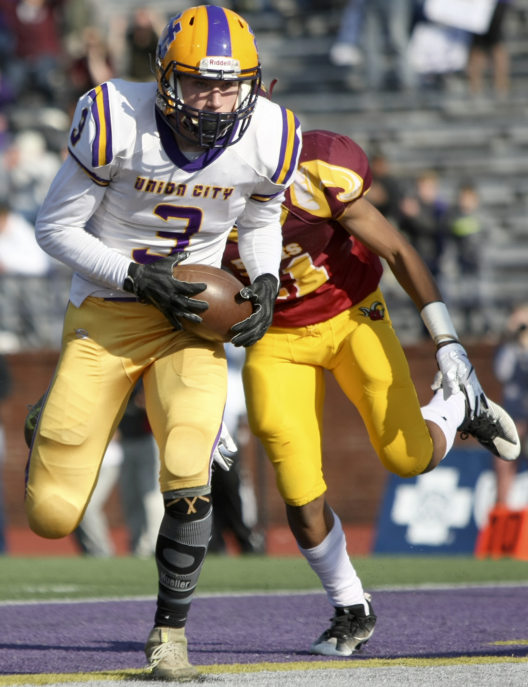 Union City's Andrew Easley (3) intercepts a pass during the second overtime of the Class 2A BlueCross Bowl state championship against Tyner at Tennessee Technological University's Tucker Stadium on Friday, Dec. 1, 2017 in Cookeville, Tenn.