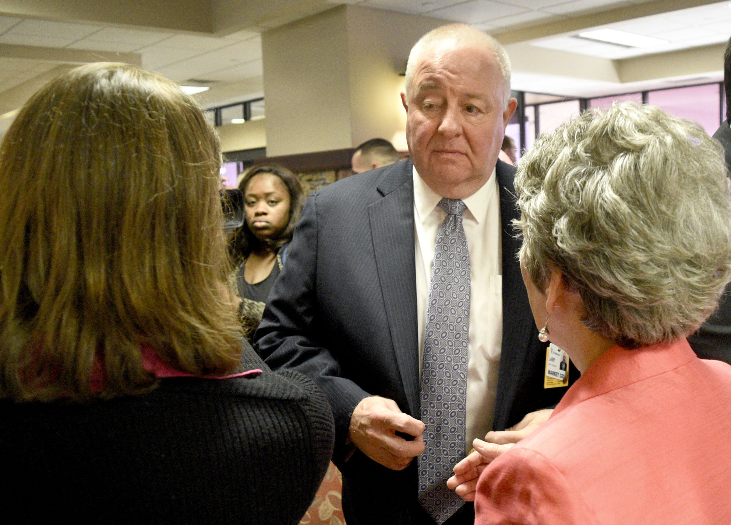 Larry P. Schumacher, RN, FAAN Chief Esecutive Officer, CHI Memorial and Senior VP of Operations, Southeast Division, CHI, speaks with members of the CHI Memorial staff in the hospital's lobby. CHI Memorial Hospital will purchase Cornerstone Medical Center in late December, CEO Larry Schumacher announced December 1, 2017. In addition, CHI Memorial will purchase the former Hutcheson Medical Center ambulatory surgery center, located on Battlefield Parkway in Ringgold. The center has been owned by Regions Bank since Hutcheson shut down. on December 1, 2017.