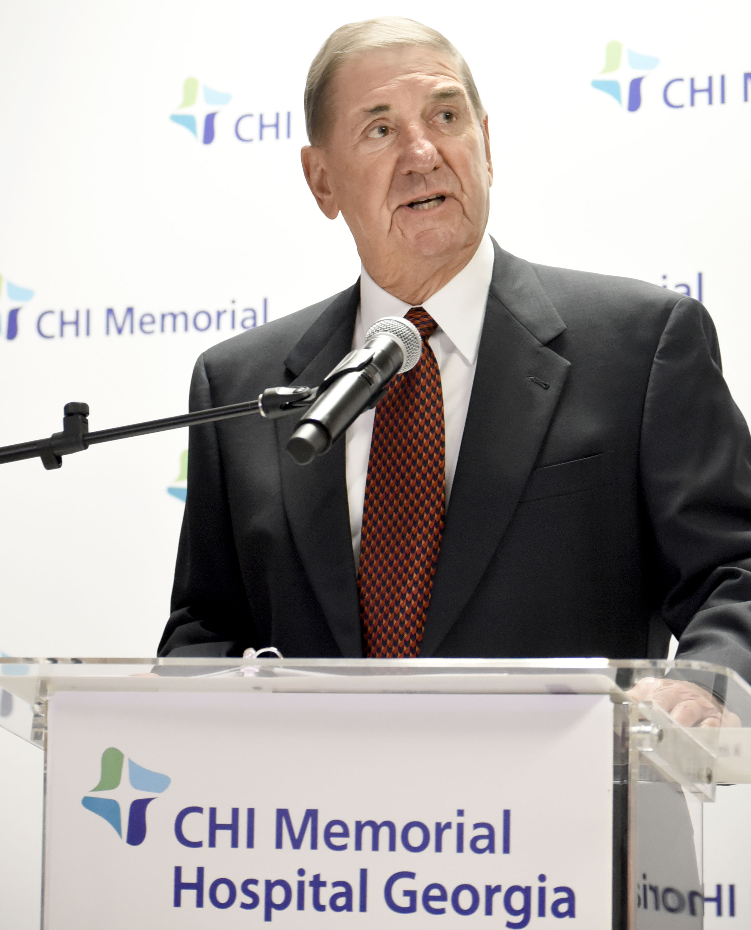 James H. Pesnell, Board Chair, CHI Memoiral and CHI Memorial Hospital Georgia, speaks at the podium. CHI Memorial Hospital will purchase Cornerstone Medical Center in late December, CEO Larry Schumacher announced December 1, 2017. In addition, CHI Memorial will purchase the former Hutcheson Medical Center ambulatory surgery center, located on Battlefield Parkway in Ringgold. The center has been owned by Regions Bank since Hutcheson shut down. on December 1, 2017.