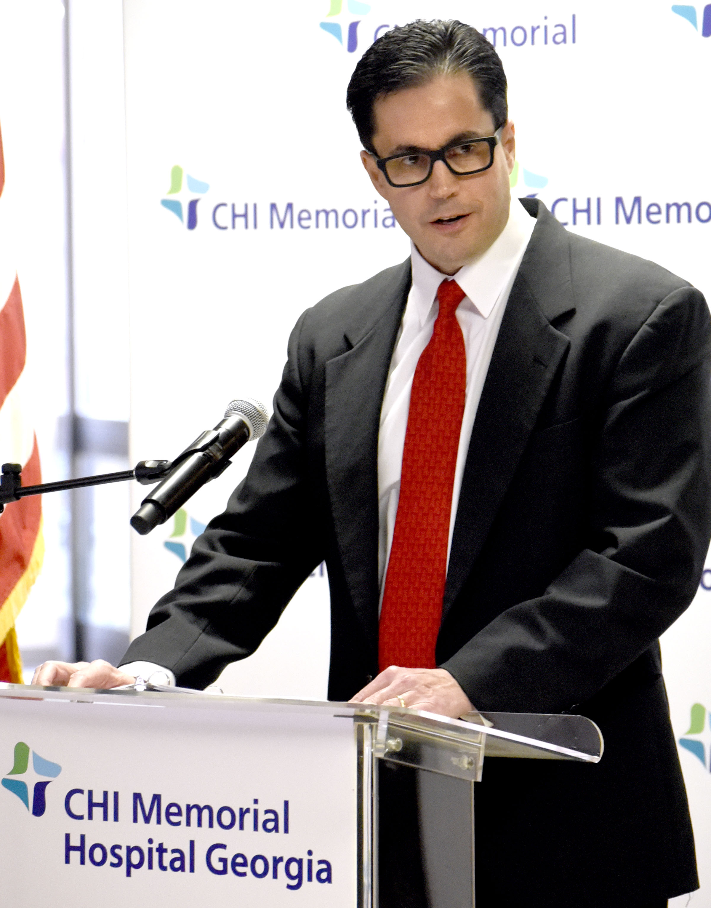 Chritopher Greene, M.D., CHI Memorial Family Pratice Associates - Ringgold, speaks at the podium. CHI Memorial Hospital will purchase Cornerstone Medical Center in late December, CEO Larry Schumacher announced December 1, 2017. In addition, CHI Memorial will purchase the former Hutcheson Medical Center ambulatory surgery center, located on Battlefield Parkway in Ringgold. The center has been owned by Regions Bank since Hutcheson shut down. on December 1, 2017.