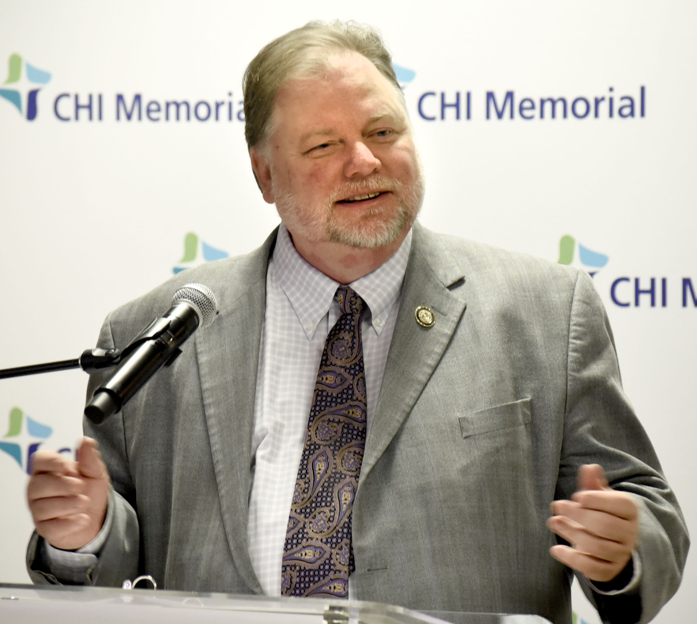 Jeff Mullis, State Senator and President and CEO Northwest Georgia Joint Development Authority, speaks at the podium. CHI Memorial Hospital will purchase Cornerstone Medical Center in late December, CEO Larry Schumacher announced December 1, 2017. In addition, CHI Memorial will purchase the former Hutcheson Medical Center ambulatory surgery center, located on Battlefield Parkway in Ringgold. The center has been owned by Regions Bank since Hutcheson shut down. on December 1, 2017.