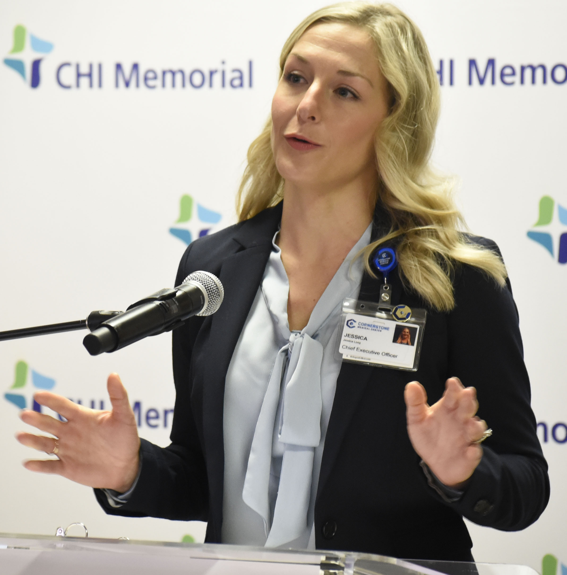Jessica Long, CEO of Cornerstone Medical Center speaks at the podium. CHI Memorial Hospital will purchase Cornerstone Medical Center in late December, CEO Larry Schumacher announced December 1, 2017. In addition, CHI Memorial will purchase the former Hutcheson Medical Center ambulatory surgery center, located on Battlefield Parkway in Ringgold. The center has been owned by Regions Bank since Hutcheson shut down. on December 1, 2017.