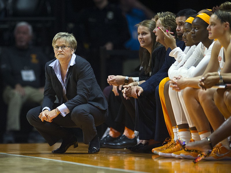 Tennessee coach Holly Warlick watches her team play Alabama State during an NCAA college basketball game in Knoxville, Tenn., Sunday, Dec. 3, 2017. (Saul Young/Knoxville News Sentinel via AP)