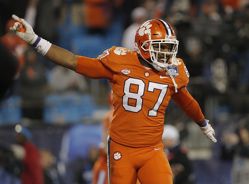Clemson's D.J. Greenlee (87) celebrates a Clemson touchdown against Miami during the second half of the Atlantic Coast Conference championship NCAA college football game in Charlotte, N.C., Saturday, Dec. 2, 2017. (AP Photo/Bob Leverone)