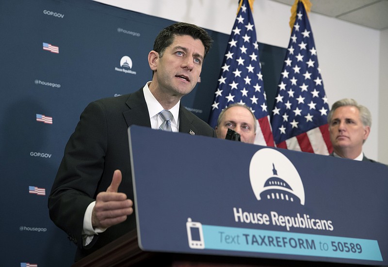 From left, Speaker of the House Paul Ryan, R-Wis., House Majority Whip Steve Scalise, R-La., and Majority Leader Kevin McCarthy, R-Calif., meet with reporters after House Republicans held a closed-door strategy session as the deadline looms to pass a spending bill to fund the government by week's end, on Capitol Hill in Washington, Tuesday, Dec. 5, 2017. (AP Photo/J. Scott Applewhite)