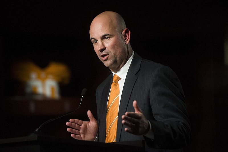 New Tennessee head coach Jeremy Pruitt speaks at his introduction ceremony in Knoxville, Tenn., Thursday, Dec. 7, 2017. (Caitie McMekin/Knoxville News Sentinel via AP)