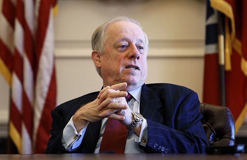 In this Dec. 13, 2010, photo, Gov. Phil Bredesen talks about his eight years in office during an interview, in Nashville, Tenn. Bredesen, the last Democrat to win a statewide race in Tennessee, is considering a bid to succeed retiring Republican Bob Corker in the U.S. Senate. Bredesen said in a statement to The Associated Press on Monday, Oct. 16, 2017 that he is mulling an entry into the race after several people urged him to reconsider his initial statements that he had no interest in running. (AP Photo/Mark Humphrey)