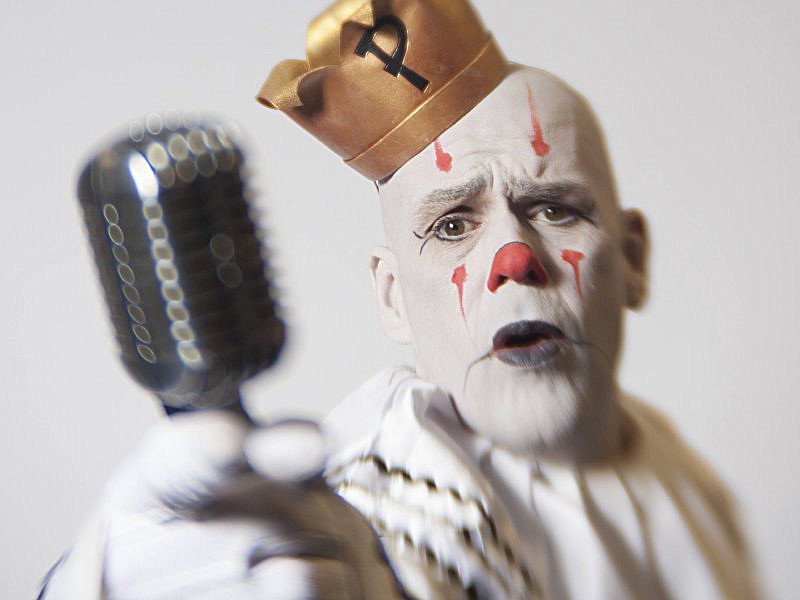 Puddles is a 6-foot, 8-inch clown in sad whiteface whose covers of pop hits bring smiles to audiences.