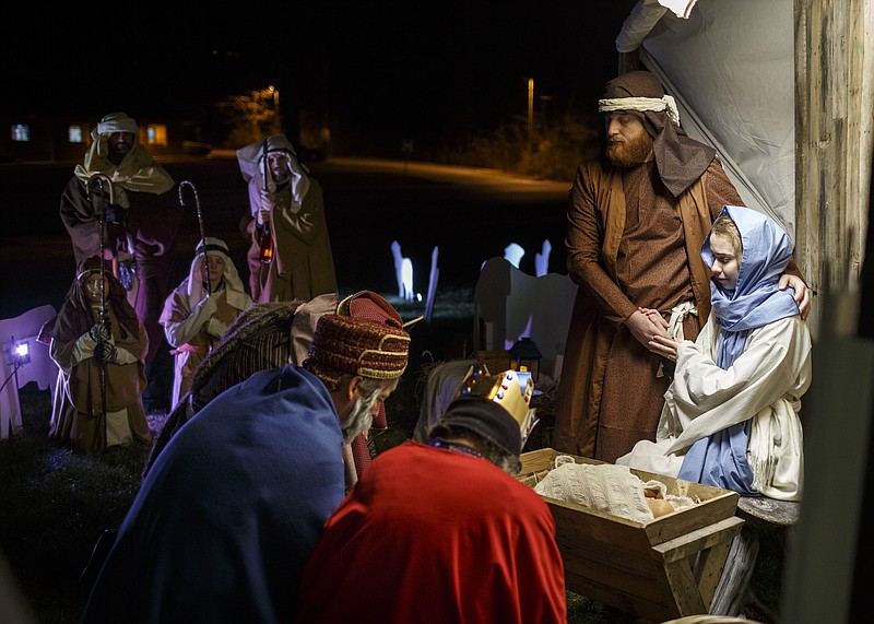 Sara and James Riner portray Mary and Joseph in a live nativity scene at the Signal Mountain congregation of the Church of Jesus Christ of Latter-day Saints on Tuesday, Dec. 12, 2017, in Signal Mountain, Tenn. The nativity continues Wednesday from 6 p.m. until 8 p.m.