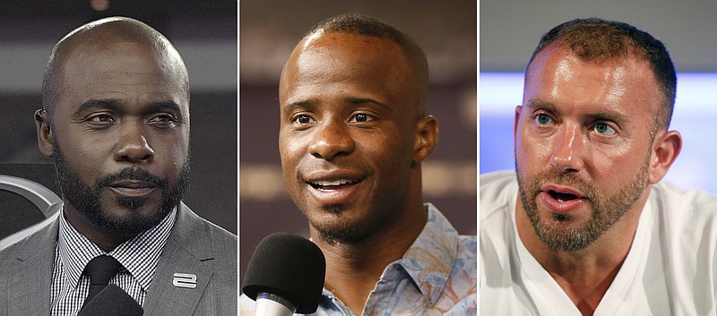 t left, in an Oct. 5, 2017, file photo, Marshall Faulk broadcasts from the field after an NFL football game against the Tampa Bay Buccaneers, in Tampa, Fla. At center, in a Sept. 9, 2015, file photo, NFL Network's Ike Taylor is interviewed during a media availability on set at the NFL Network studios, in Culver City, California. At right in a Sept. 9, 2015, file photo, NFL Network's Heath Evans is interviewed during a media availability on set at the NFL Network studios, in Culver City, Calif. Hall of Fame player Marshall Faulk and two other NFL Network analysts have been suspended after a former employee alleged sexual misconduct in a lawsuit. NFL spokesman Brian McCarthy on Tuesday, Dec. 12, 2017, identified the three as Faulk, Ike Taylor and Heath Evans. He says they have been "suspended from their duties at NFL Network pending an investigation into these allegations." (AP Photo/File)