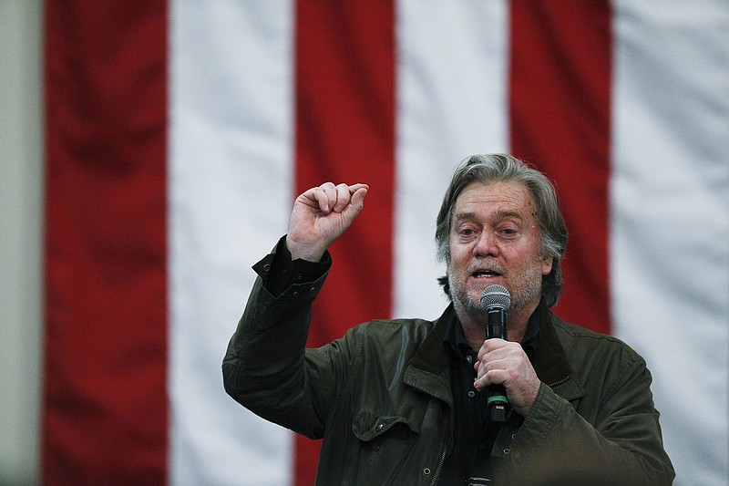 Former White House strategist Steve Bannon speaks in support of U.S. Senate candidate Roy Moore during a campaign rally, Monday, Dec. 11, 2017, in Midland City, Ala. (AP Photo/Brynn Anderson)