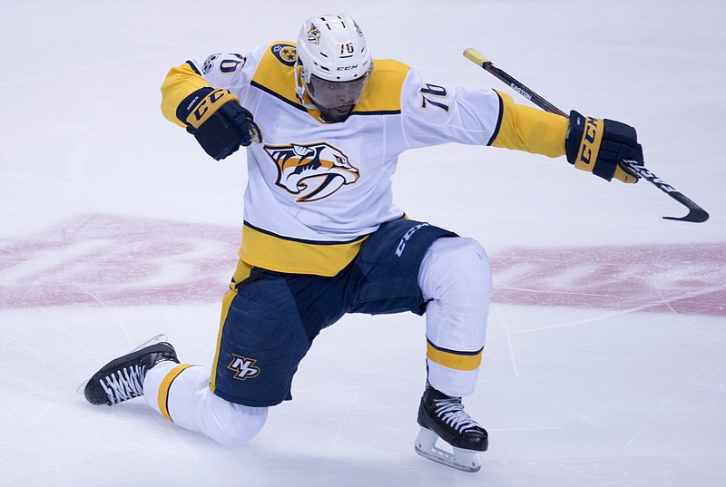 Nashville Predators defenceman P.K. Subban (76) celebrates his goal during second period of an NHL hockey game against the Vancouver Canucks, in Vancouver, Wednesday, Dec. 13, 2017. (Jonathan Hayward/The Canadian Press via AP)