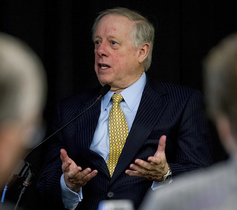 FILE - In this Jan. 29, 2013, file photo, former Democratic Gov. Phil Bredesen speaks on a panel about reducing the federal debt at Lipscomb University in Nashville, Tenn. Democrat James Mackler says he's dropping out of the U.S. Senate race in Tennessee to replace Sen. Bob Corker, a move that appears to clear the path to the Democratic nomination for Bredesen. (AP Photo/Erik Schelzig, File)