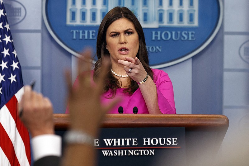 Away from her pie-baking kitchen, White House press secretary Sarah Huckabee Sanders speaks during a daily press briefing.