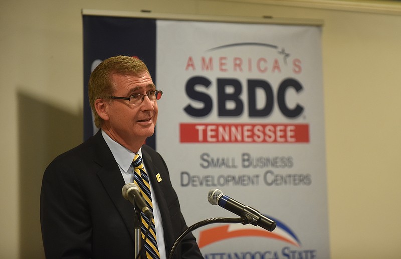 In this 2015 staff file photo, Dr. Steven Angle, chancellor of the University of Tennessee at Chattanooga, speaks at the Hamilton County Business Development Center while announcing a partnership between UTC and Chattanooga State Community College with the Chattanooga Area Chamber and the Small Business Administration.