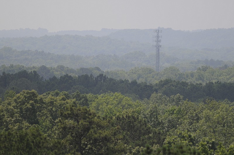 A cell tower is visible in the distance from Wilder Tower at the Chickamauga Battlefield.