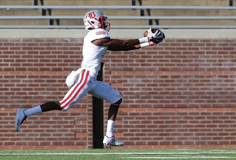 Baylor's Jaylon Baker catches the ball over his shoulder and runs it in for a touchdown during the Red Raider's game against Notre Dame on Aug. 17, 2017, at Finley Stadium.