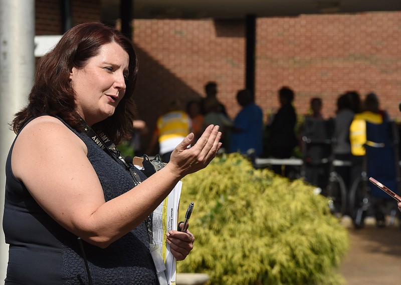 In this Oct. 14, 2016, staff file photo, Sabrina Novak, Chattanooga-Hamilton County Health Department's emergency preparedness coordinator, explains the process for the first 48-hours following a bio-terror attack during a drill at Hixson High School.